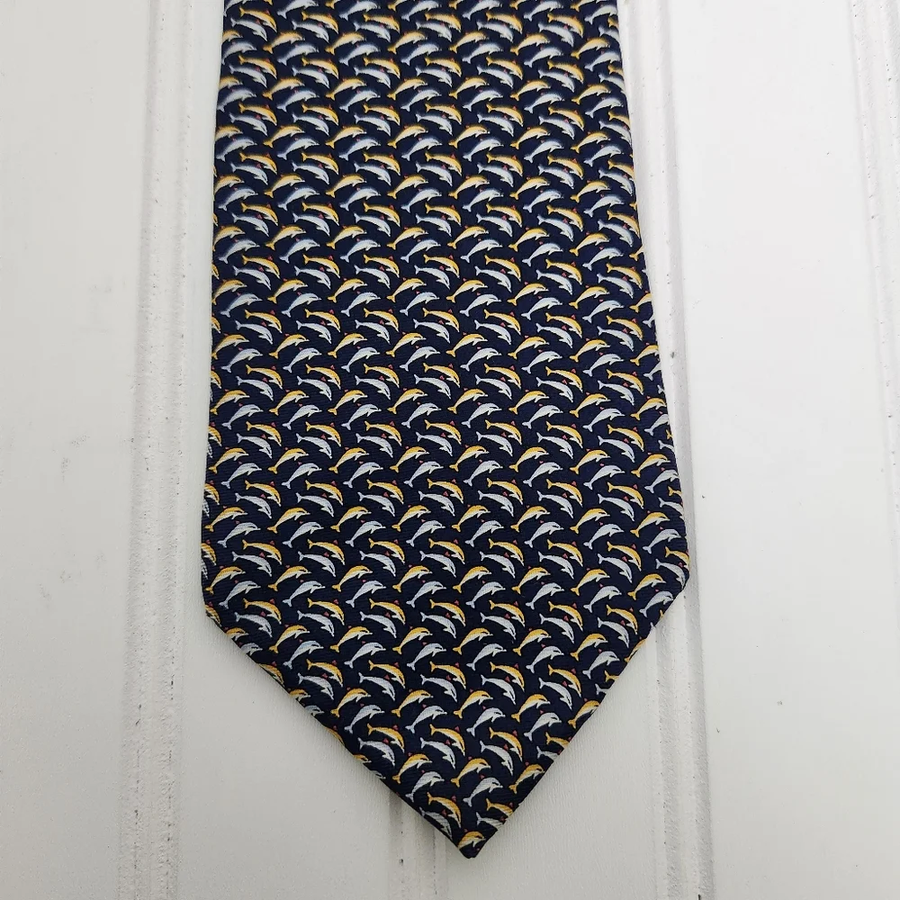 Tommy Hilfiger Mens Designer Dolphin Print All Silk USA Made Gold/Blue Tie